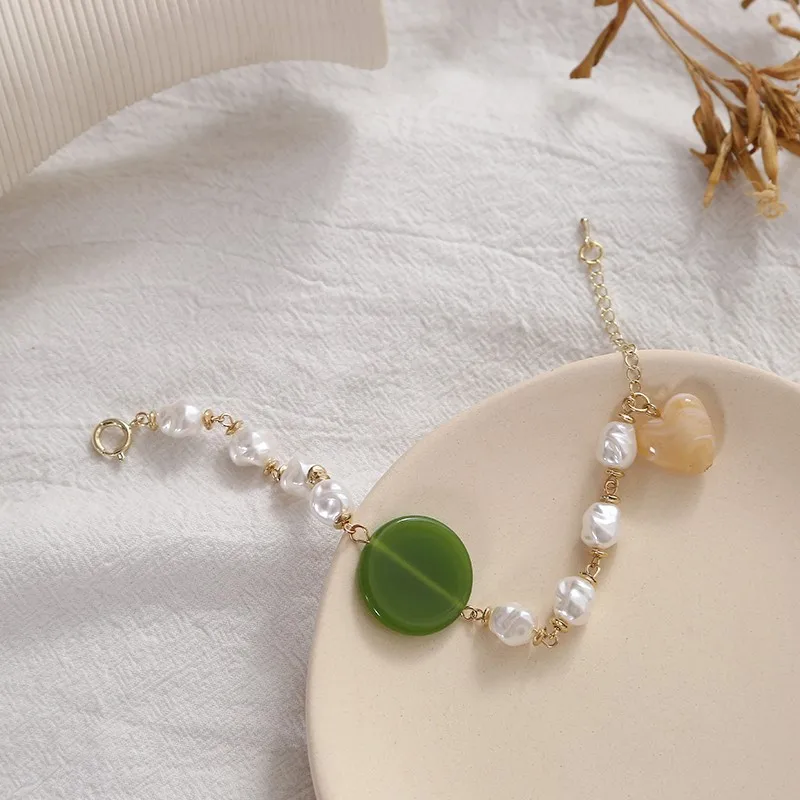 

JUHU Wholesale 2019 new style gold plated pearl shape green acrylic bracelet for female