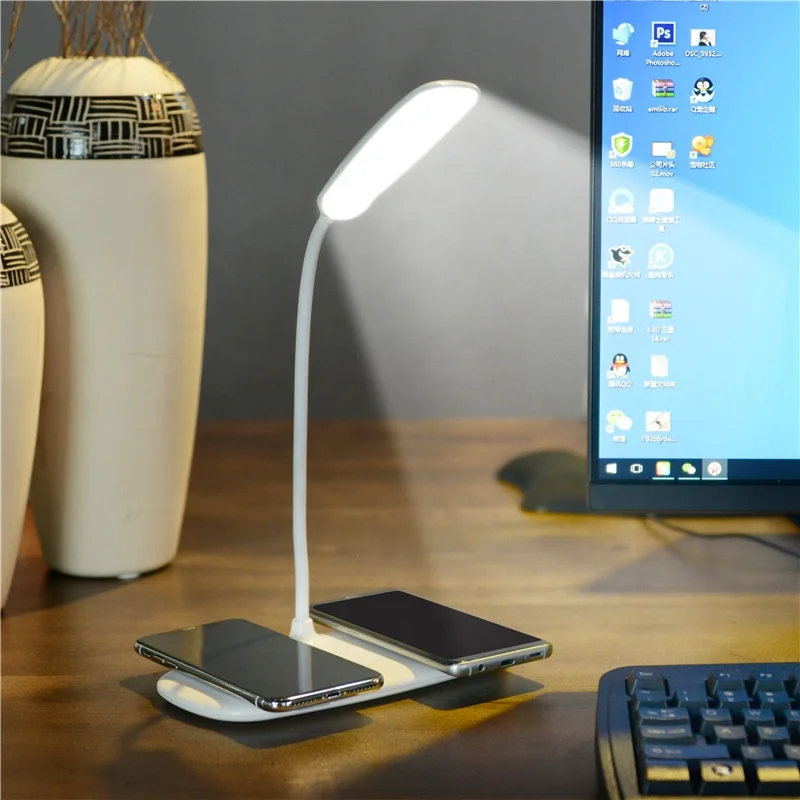 

360 Flexible Tube Desk Touchable LED Lamp Wireless Charger,Can Charge 2 Phones at the Same Time, White