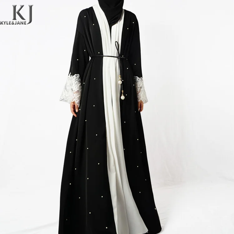 

2019 Latest designs muslim women kimono abaya long cardigan matching lace with high quality beading black nida