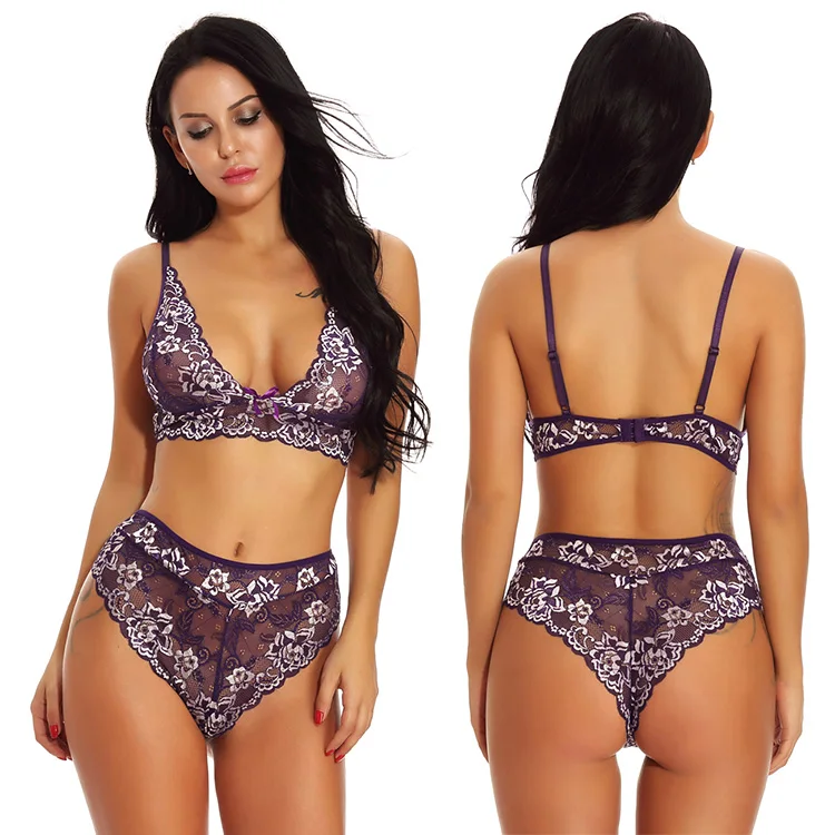 

Wholesale High Quality Purple Flower Pattern Bralette Lace Women Lingerie Teddy