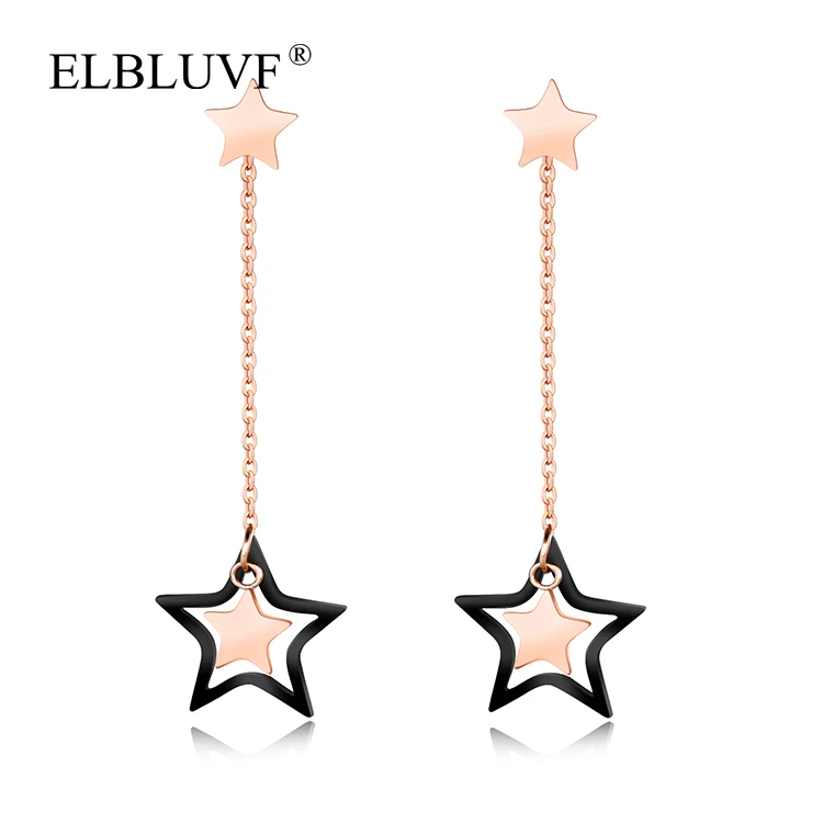 

ELBLUVF Free Shipping Stainless Steel Jewelry Rose Gold Plated Vogue Star Shape Tassel Earrings