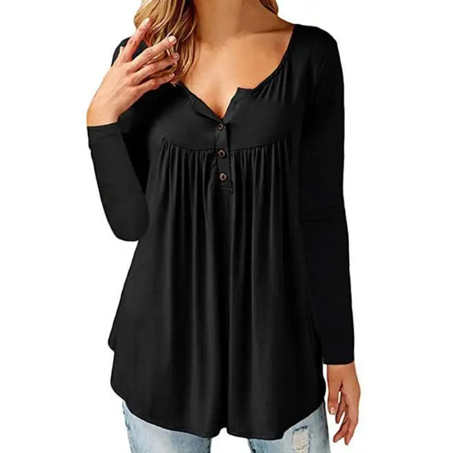 

cz38195w New Autumn Womens Tops And Blouses Casual Workout Long Sleeve Button Up Pleated Tunic Tops