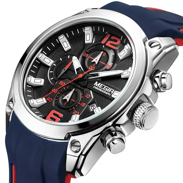 

Megir Watch 2063 Men's Quartz Blue Watch Luxury Band Date Week Silicon Megir Watches Men Wrist High Quality Quartz WristWatches, 3-color