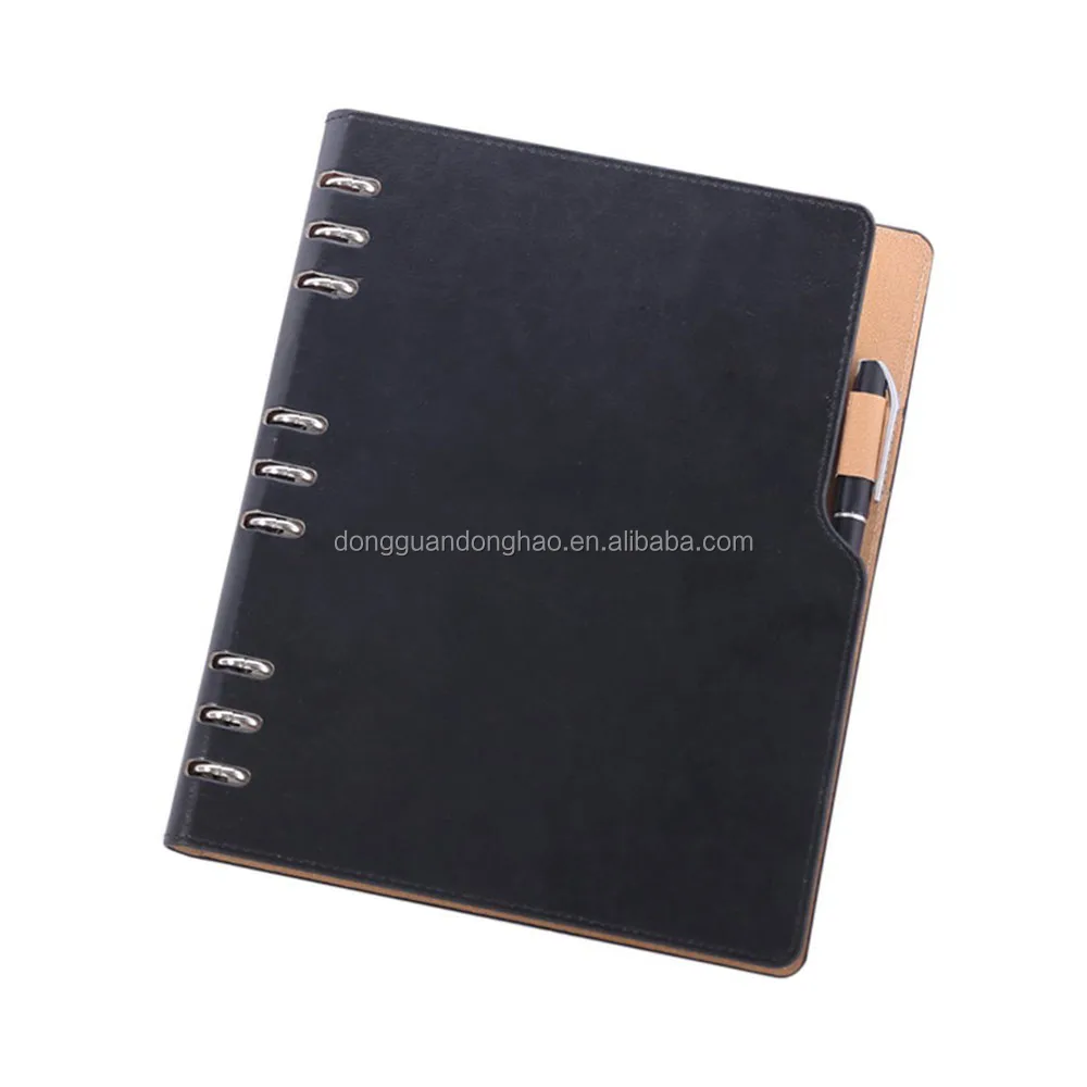 Wholesale  Business B5 Journal Diary PU Leather Notebook 9 Ring Binder Spiral Loose-leaf Notebook With Die Cut Holes