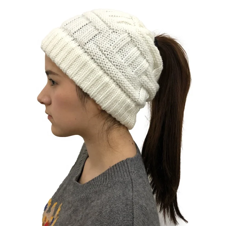 
High Quality Customizable Bamboo-weaving Art Women Ponytail Beanie Warm Winter Striped Knitted Hat 