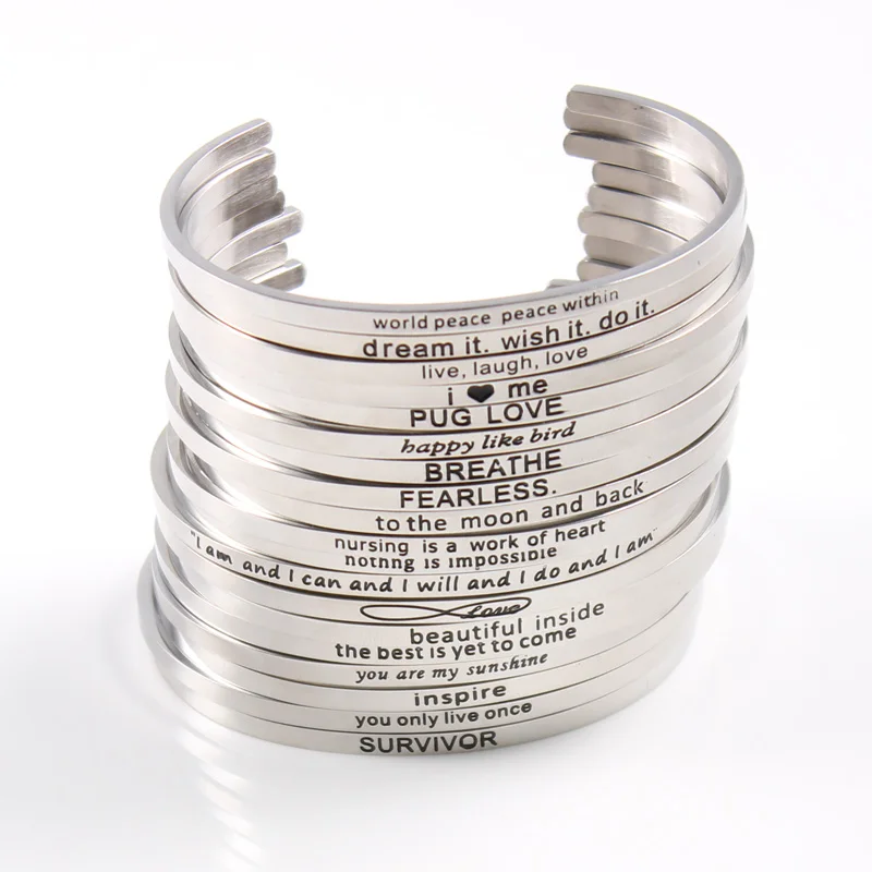 

Silver Custom Stainless Steel Engraved Message Bracelet Personalized Positive Inspirational Letter Bracelet Bangle For Women