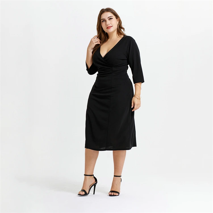 

FX180042 2019 New Trend Fashion Sleeves Solid Color Plus Size Evening Dress For Women, Black