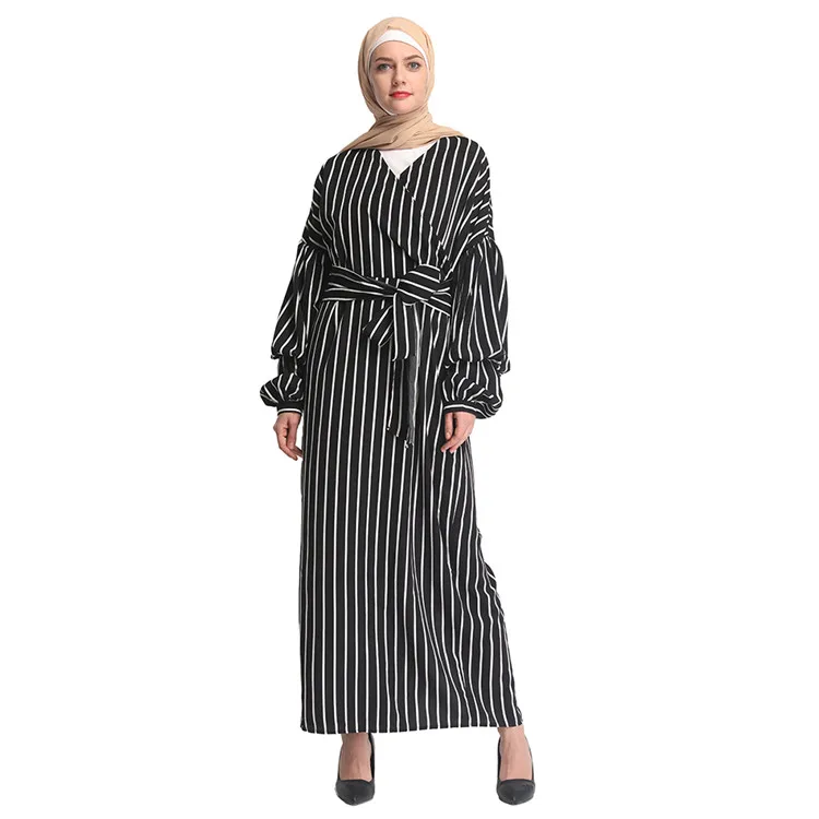 

New Arrival Long Sleeve Fashion Muslim Women Stripe Dress, Black;white