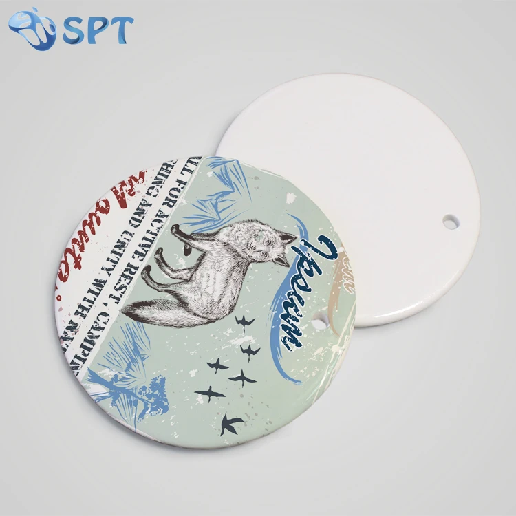 Sublimation two sides white ceramic blank round shape ornament for Christmas