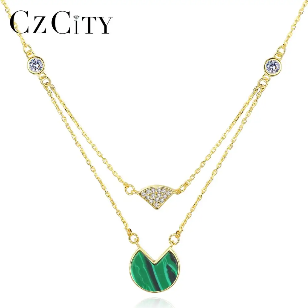 

CZCITY Female Sterling Silver S925 Layered Gold Plated Natural Stone Necklace For Girl Malachite Pendant