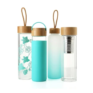 Everich unbreakable glass water bottle with soft sleeve / silicone seal with bamboo lids
