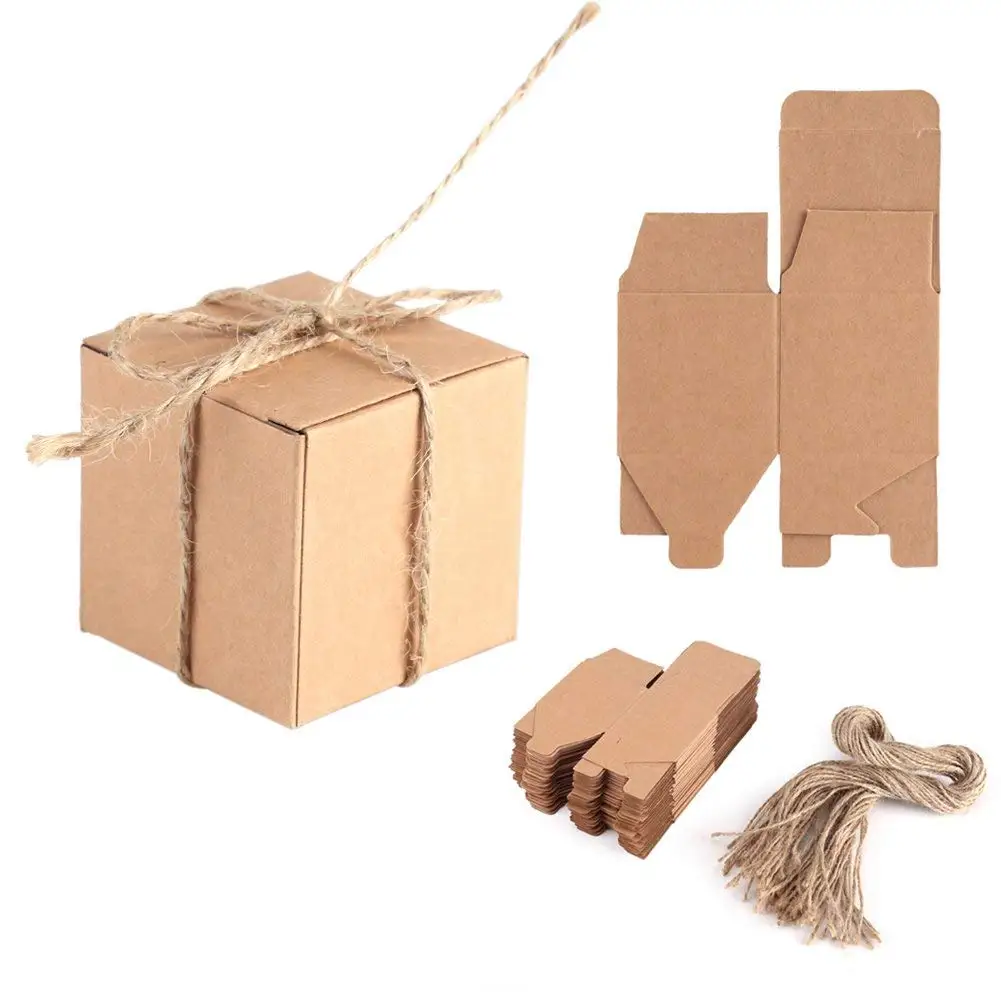 Delaman 50pcs Kraft Paper Candy Box Square Rustic Wedding Favors Candy Holder Bags Wedding Party Gift Boxes with Hemp Ropes