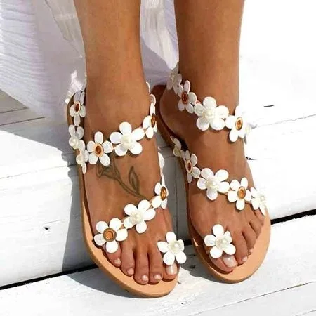 

Women Bohemia Flower Flat Summer Sandals Shoes Slippers Ladies Girls Gladiator Sandals Pearl Shoes Sandalias Flip Flop Plus Size, As shown