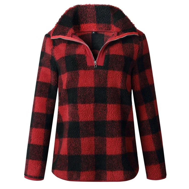 

Wholesale Zipper Pullover Soft Fuzzy Buffalo Plaid Pullover, Red;coffee;gray