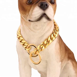 Image of 12mm Popular Customized Size Stainless Steel Gold Cuban Link Dog Collar Choker For large dog