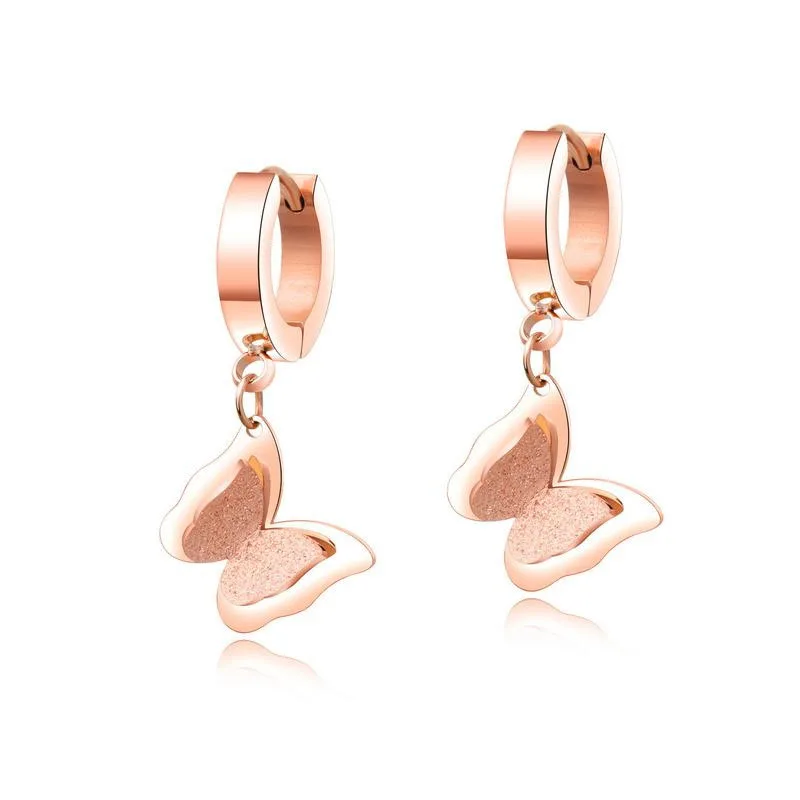 

Lady Titanium Steel Frosted Double Three-dimensional 18K Gold Butterfly Earring, Rose gold