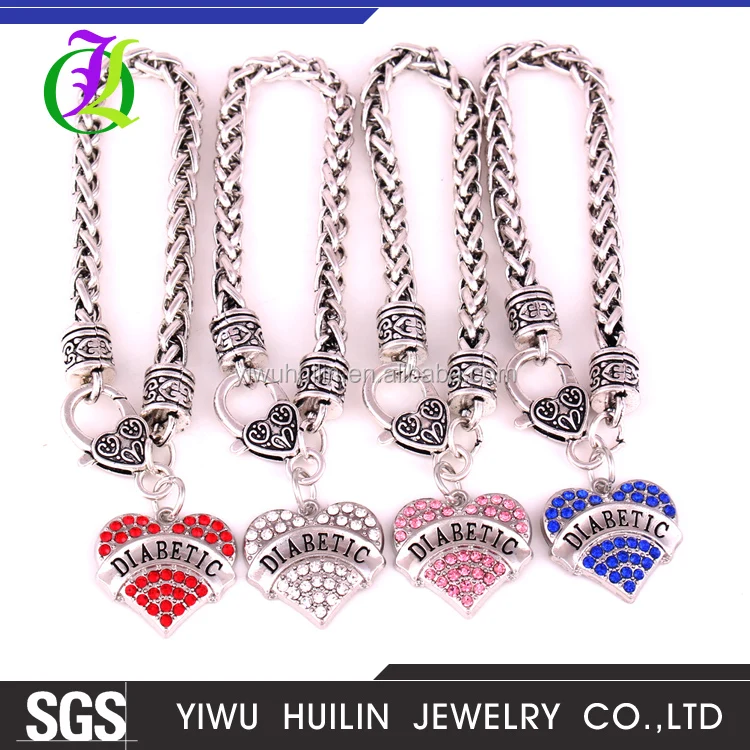 

B700009-2 Yiwu Huilin Jewelry Zinc Alloy Pave Crystal Heart DIABETIC wheat chain Diabetes bracelet, Blue/pink/red/white