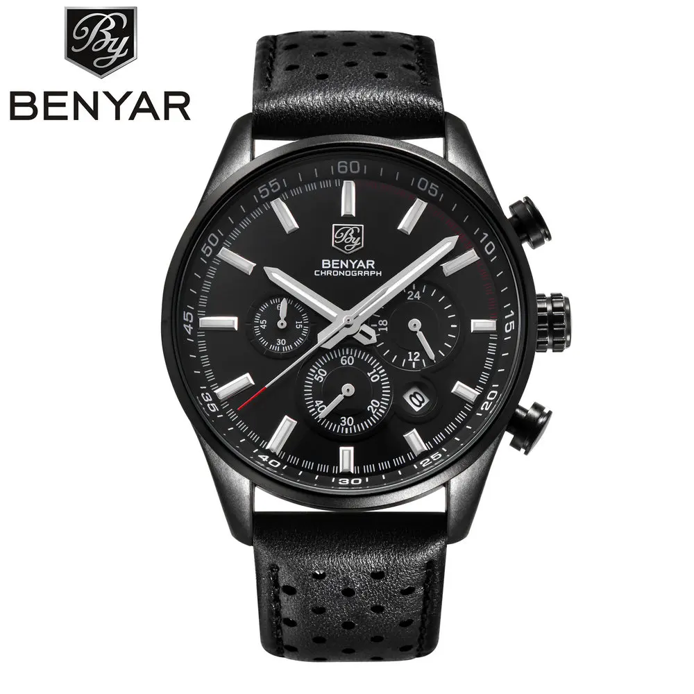 

BENYAR 5108 Men Quartz Watch Leather Strap Chronograph Calendar Waterproof Analog black watch, 3 colors for choice