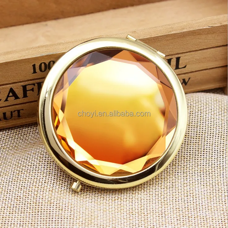 

Gold Frame Mini Mirror Lady Cosmetic Bling Crystal Metal Custom Laser Logo Pocket Folding Mirror, Customized color