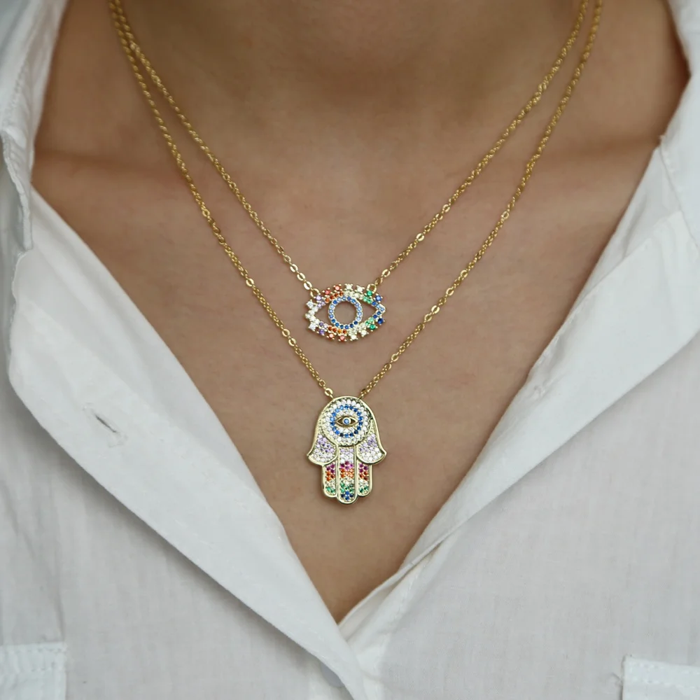 

promotion micro pave cz gold plated rainbow color lucky turkish jewelry evil eye hamsa hand pendant necklace, Customized