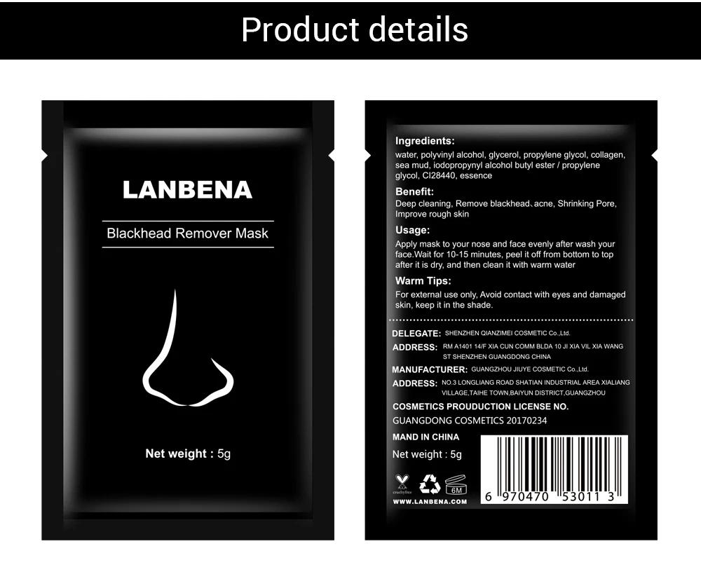 LANBENA Blackhead Remover Nose Masks Acne Treatment Peeling Black Mask Pore Strip Deep Cleaning Peel Mask Skin Care 10PCS