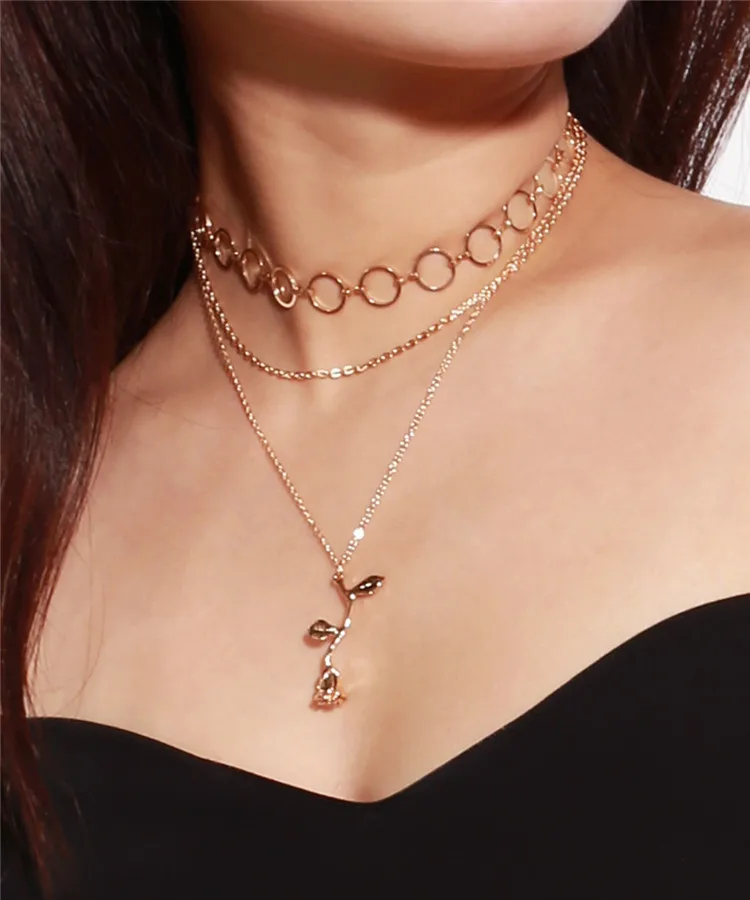 

2019 New Trendy Wholesale Women Fashion Custom Rose Flower Necklaces Jewelry Long Chain Mulyi Layered Metal Gold Necklace, As show