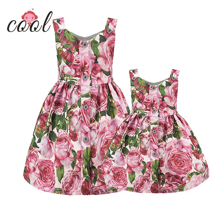 

fashion girls short frocks dresses summer mommy and me casual dresses with buttons, Multi