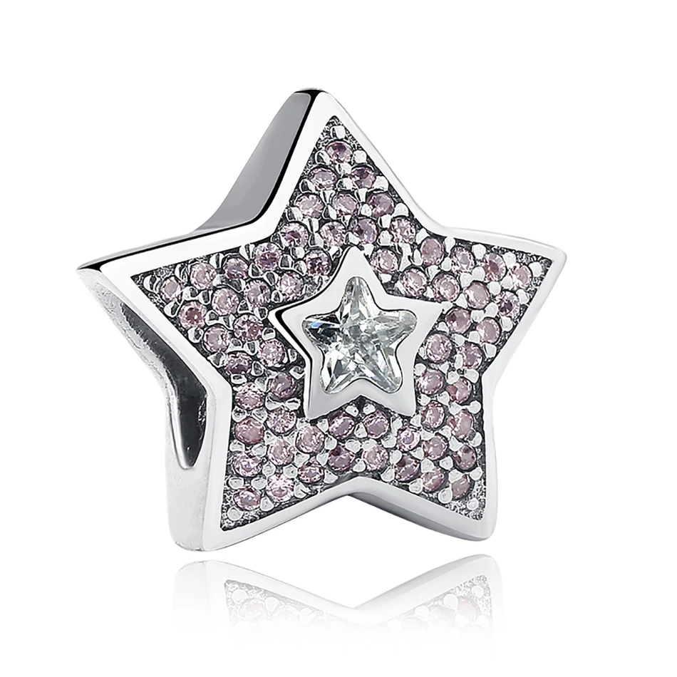 

925 Sterling Silver Charms With Pink Crystal Dazzling Star Beads Fit Bracelets Bangles Fine Jewelry Making