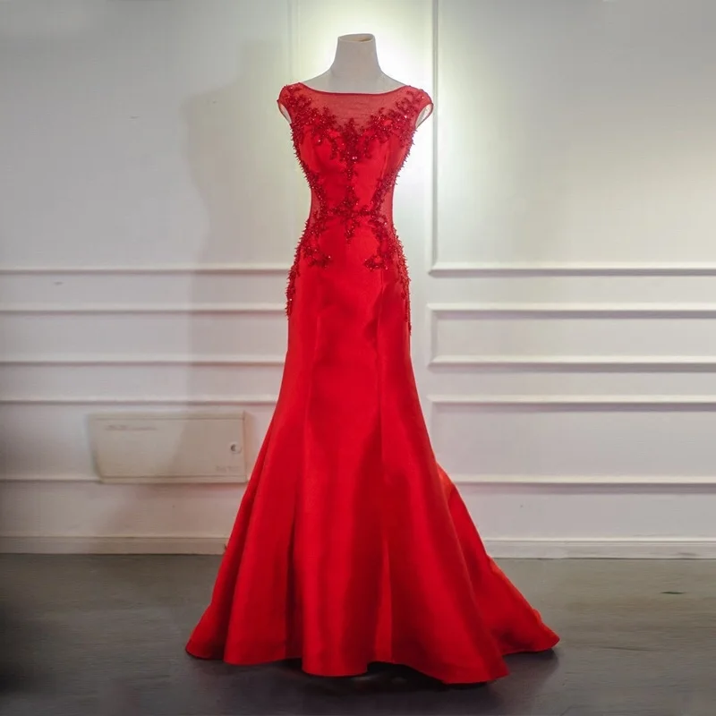 

NW1356 Red Beaded Boutique Mermaid Evening Dress Sheer Back Elegant Party Gown Real Sample, Custom made
