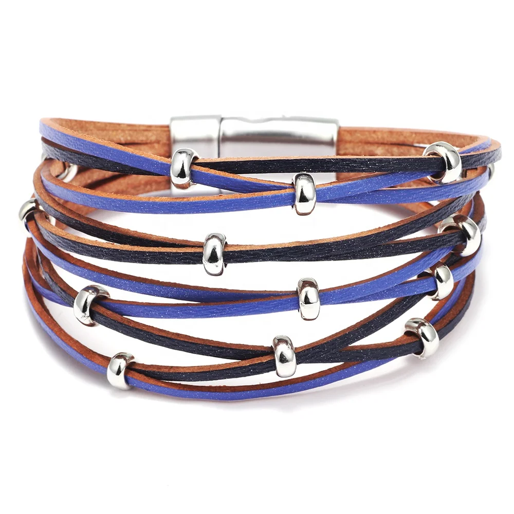 

Womens Trendy Magnetic Closure Copper Beads Multilayer PU Leather Wrap Bracelets