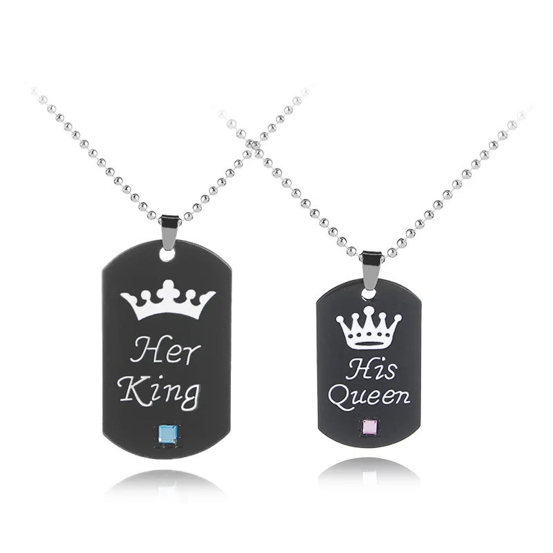 

Hot new crown couple necklace her King his queen diamond engraving key chain, Black