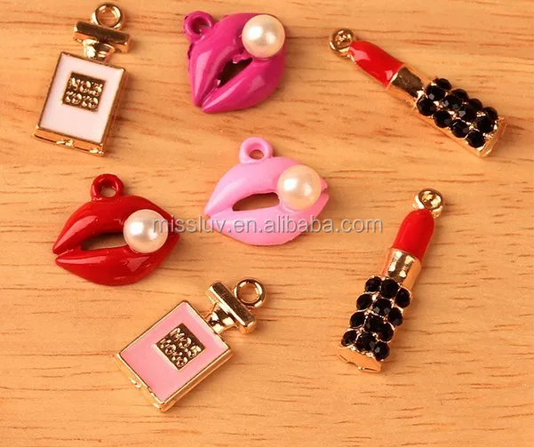 

girly make up charms lips lipstick perfume bottle charms for bracelets jewelry various color enamel metal charms