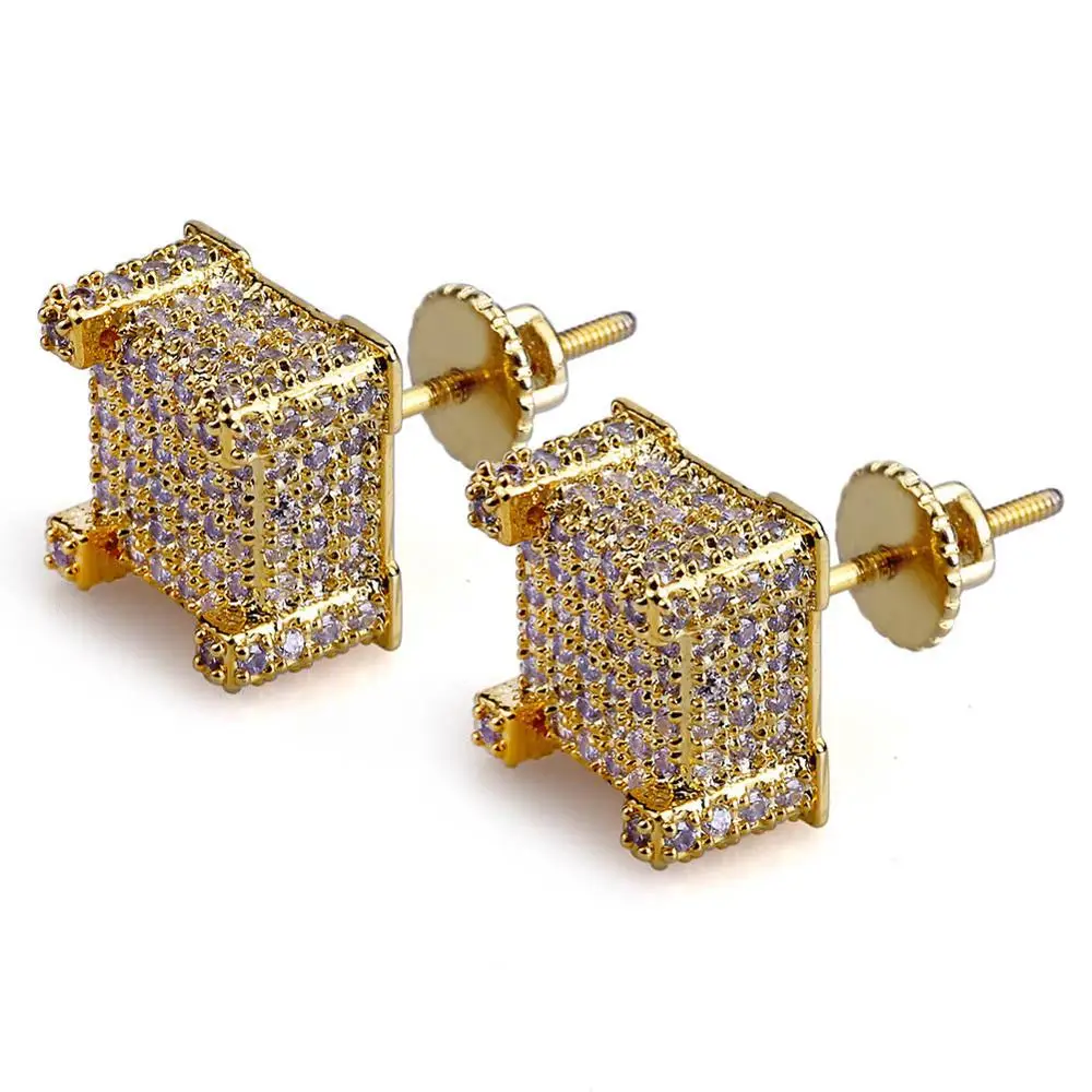 

Hip Hop Men Women Earrings 18k Gold Fully Paved Bling Bling CZ Screw Back Square Stud Earrings Jewelry, Picture