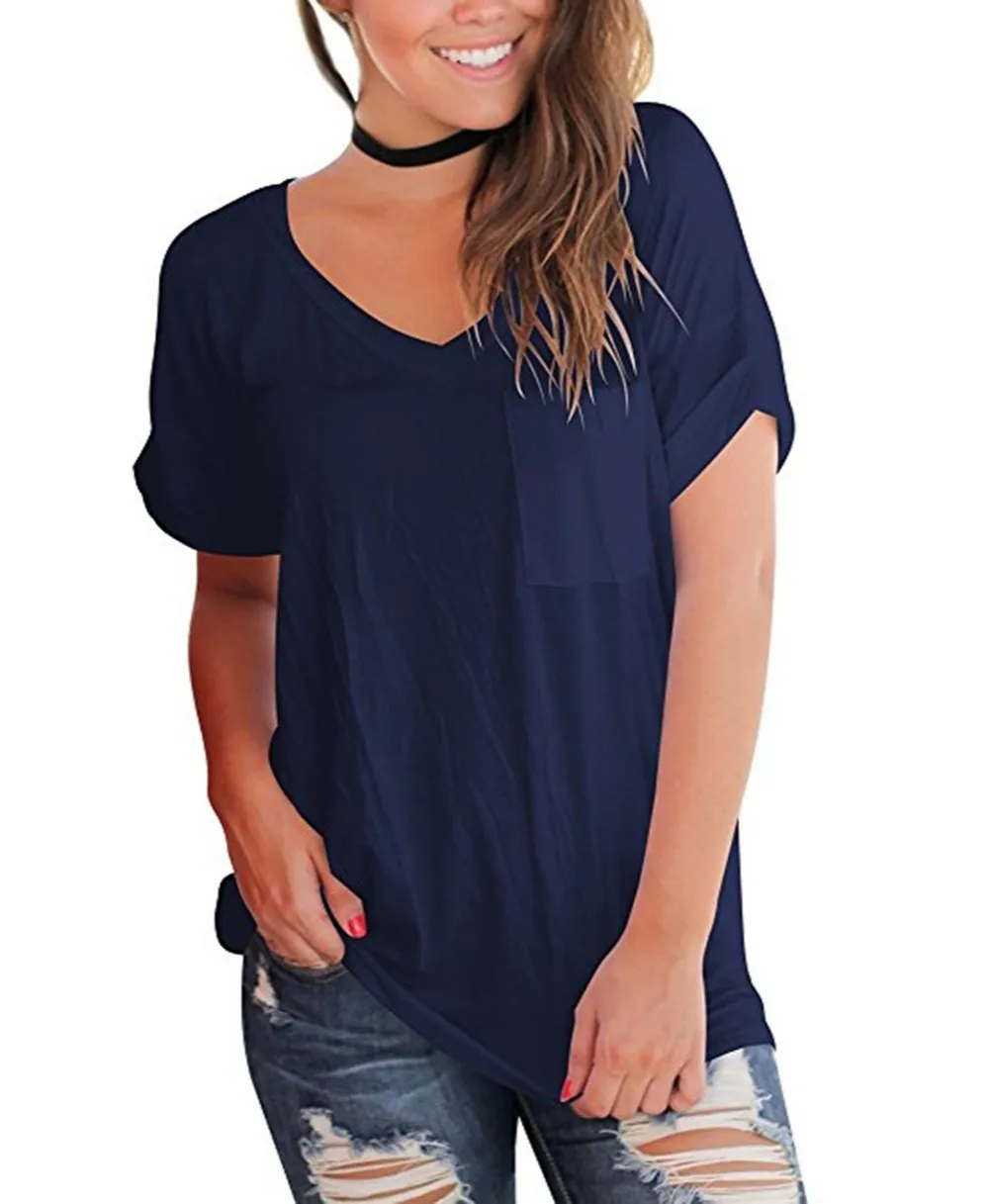 New Summer Women V-neck Short Sleeve Cotton Tshirt With One Pocket ...