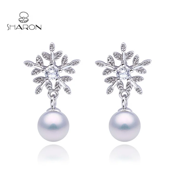 

Trendy 925 Sterling Silver Jewelry Snowflake Cultured Freshwater Pearl Drop Earring