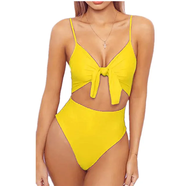 2019 Wholesale Custom Plain Yellow Vintage High Waist Lady One Piece Bathing Suits Swimwear Women Sexy Bikini