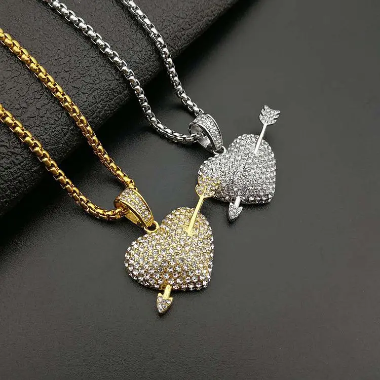 

2 Colors Available Personalized Hips hops Iced Out Pave Crystal Stainless Steel Heart Pendant Necklace With Arrow, Gold, silver