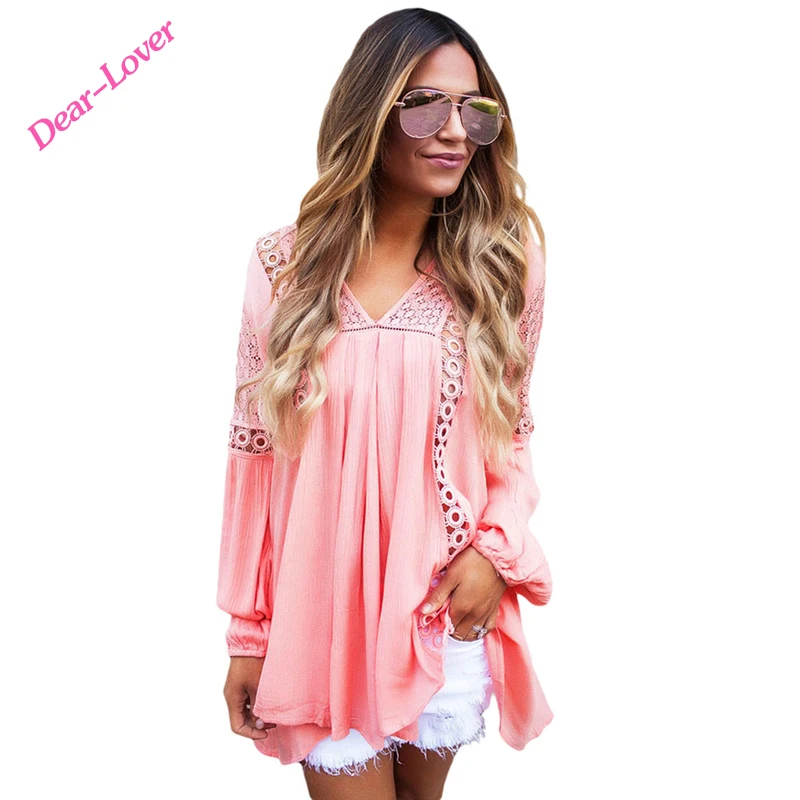 

2017 New Arrival Crochet Lace Trim Relaxed Long Sleeve Tunic, Pink