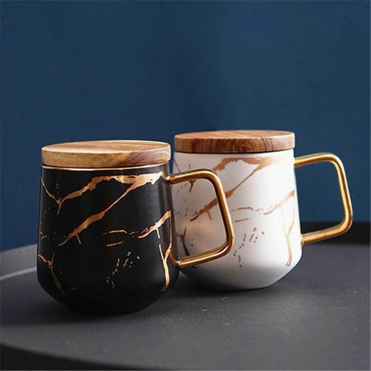 

Stylish designw wooden lid fancy marble ceramic mug with golden handle