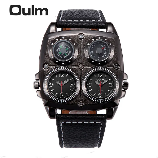 

Oulm Wrist Watch Big Dial Dual Time Zone Japan Quartz Movement With Decoration Compass and Temperature Men's Quartz Watch