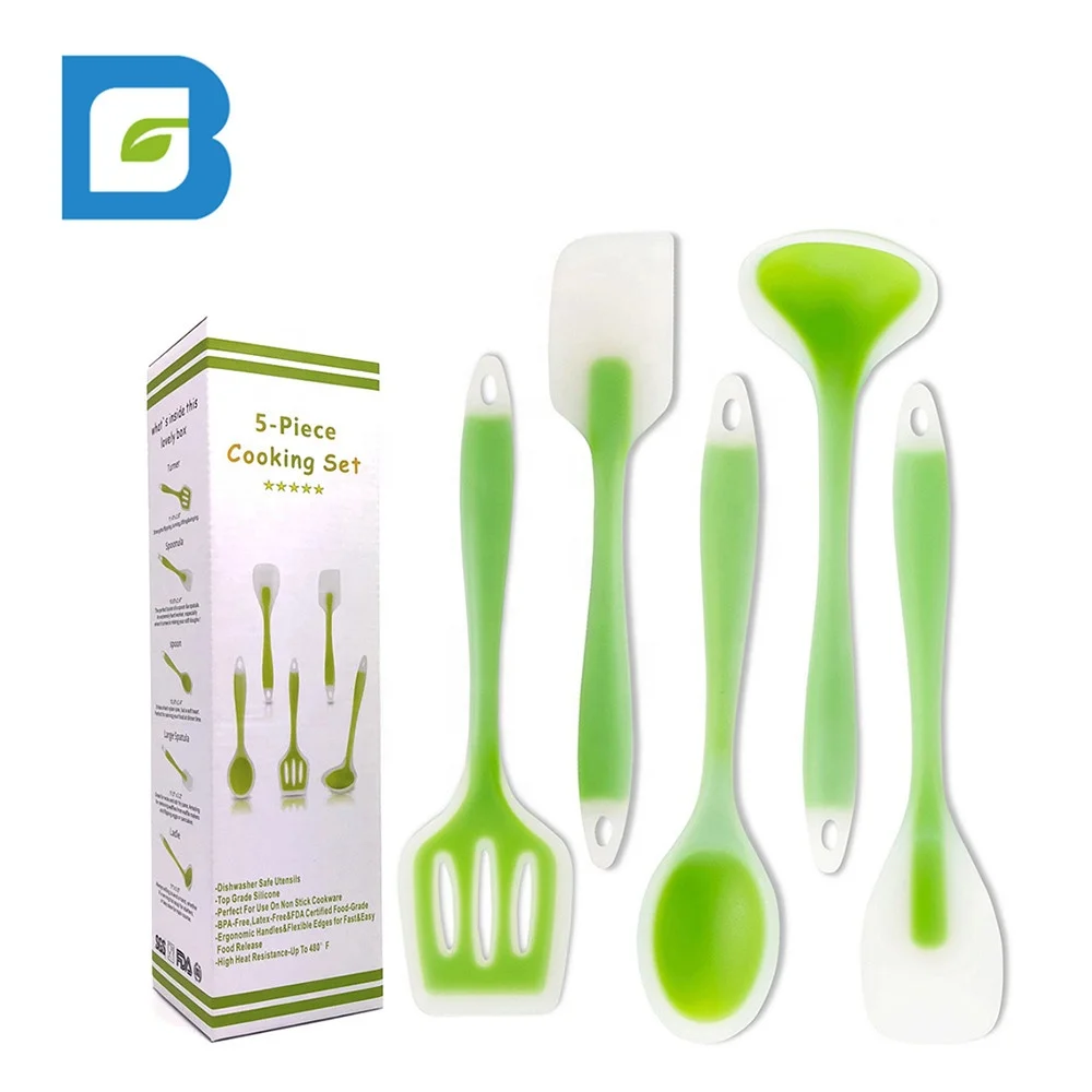 

China non stick scraper shovel soup spoon salad household five sets cooking silicone kitchenware utensil set, Green silicone kitchen utensil set