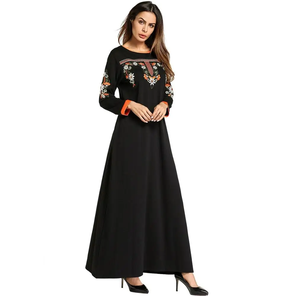 

Wholesale Embroider Floral Maxi Dress Black A-line Turkey Abaya Muslim Dresses Long Sleeve YY10181, N/a