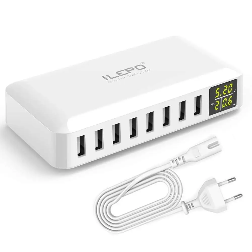

Multi port usb charger with 40W 8-Port LED Display Multi Port Hub Fast Charging Station for Tablets,Phones USB charger, White