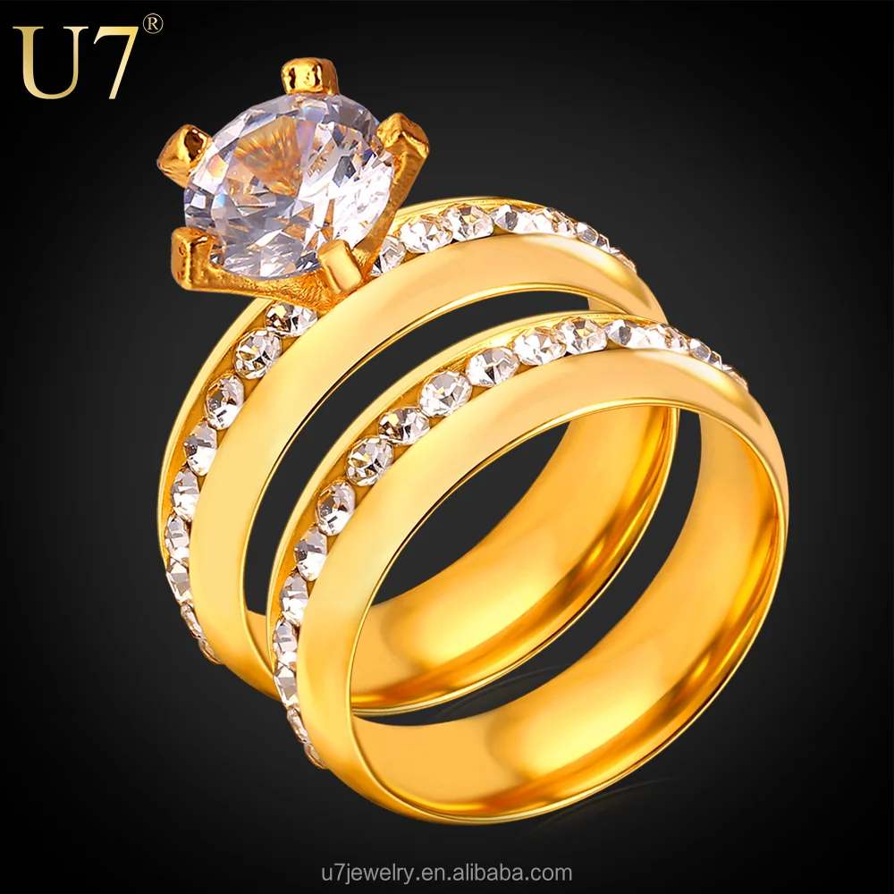 

U7 18K Real gold plated bridal bands ring settings CZ diamond engagement wedding ring sets wedding double couple ring, Gold/platinum color