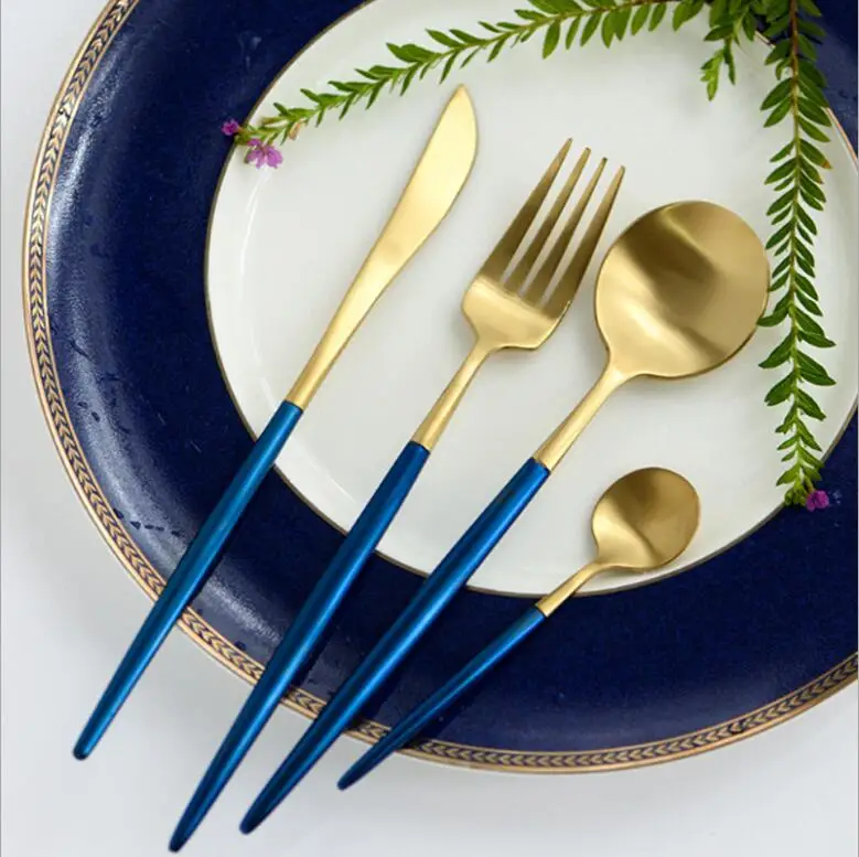 

Wholesale small tea spoons, blue handle flatware, gold-plated cutlery, Blue handle and gold plated