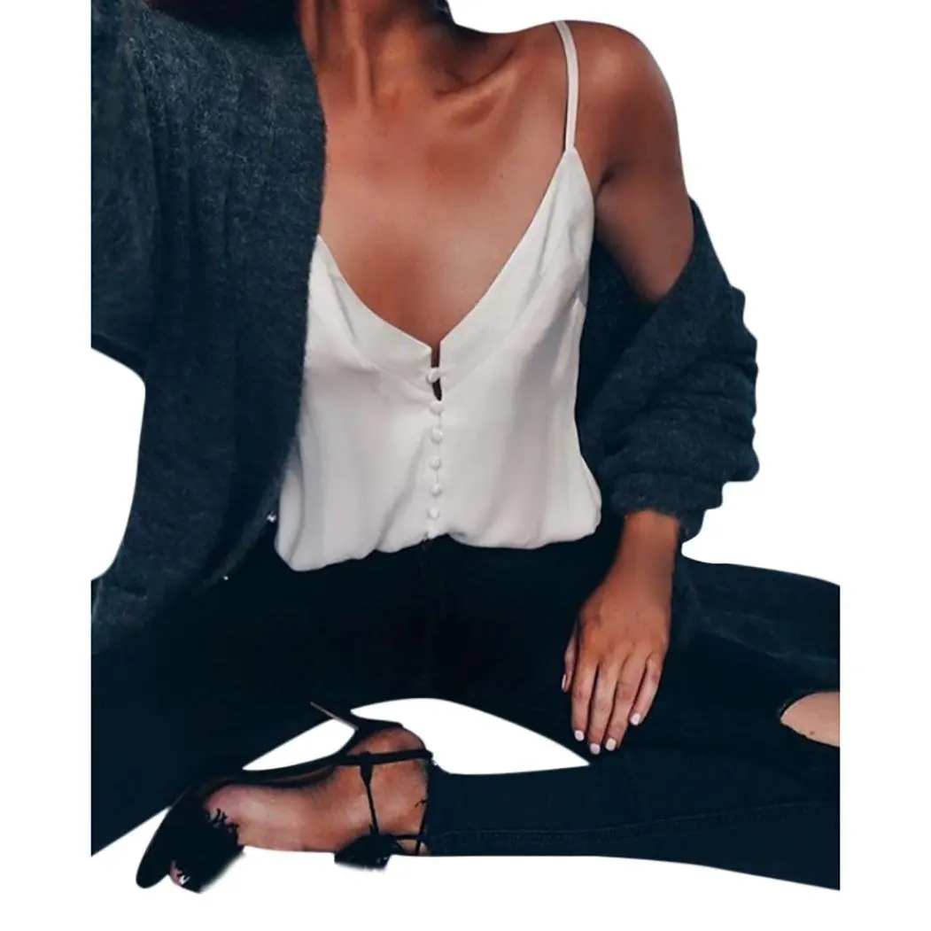 Women Tops, Women Chiffon Tops, Women Chiffon Vest Spaghetti Strap Sleeveless V-Neck Casual Tank Top Blouse Solid Color Summer T-Shirt 2018 (M, White)