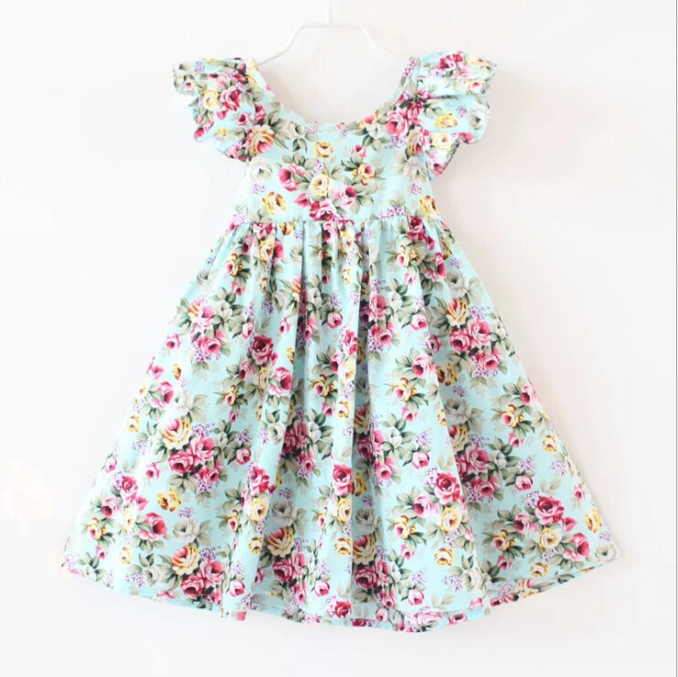 

Kid 100% Cotton Simple Floral Prints Dress, Blue;pink;teal;yellow;purple