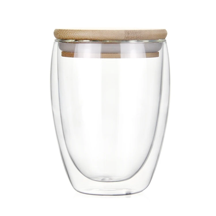 Handmade Heat Resistant Borosilicate Double Wall Glass Tea Cup Coffee Mug with Bamboo Lid