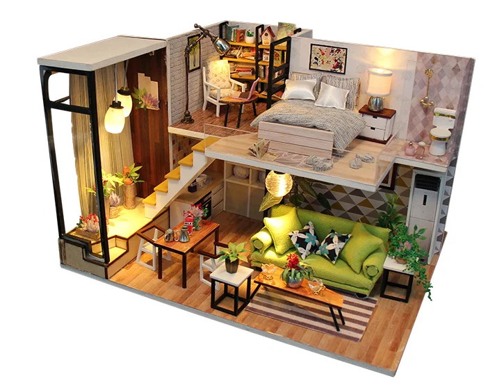 Handmade double floor model furniture kits miniature LED lights wooden dollhouse diy TYD2293