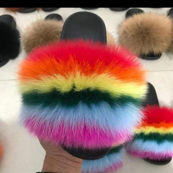 

New arrival mink fur slippers women Hot Sell Rainbow Color Winter Fox raccoon Fur Slides Indoor Woman's Slippers flats shoes